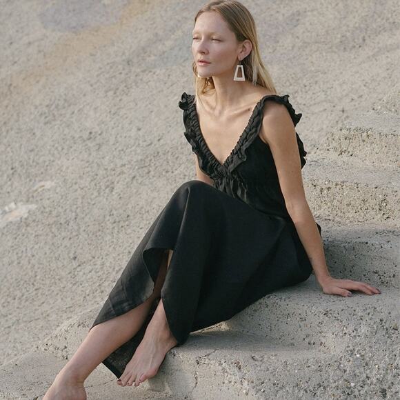 Harly Jae Dress Milos Black Linen Ruffled V-Neck Minimalist Maxi Dress Size L‎ - Picture 5 of 11